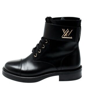Louis Vuitton Black Leather Combat Boots with Gold Accents